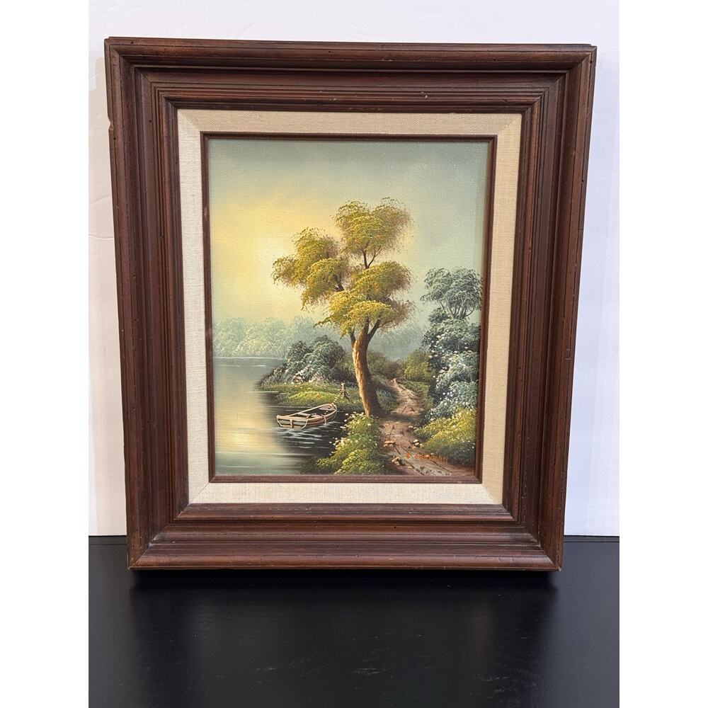 Vintage C. Cushman Original Oil Painting Signed Tree Boat Lake Landscape
